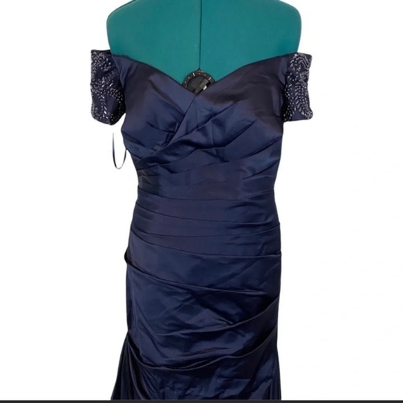 La Femme Satin Off the Shoulder Dress with Beaded Sleeves - Picture 6 of 8